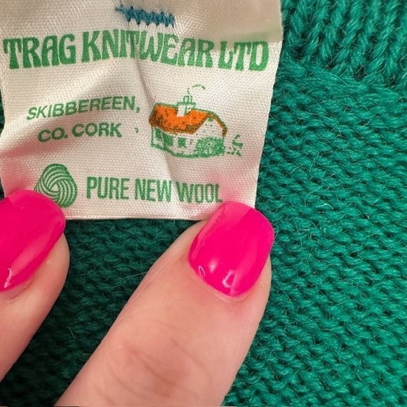 Vintage Trag Knitwear Ireland Claddaugh Kelly Green V-Neck‎ Wool Sweater MD - Picture 3 of 5